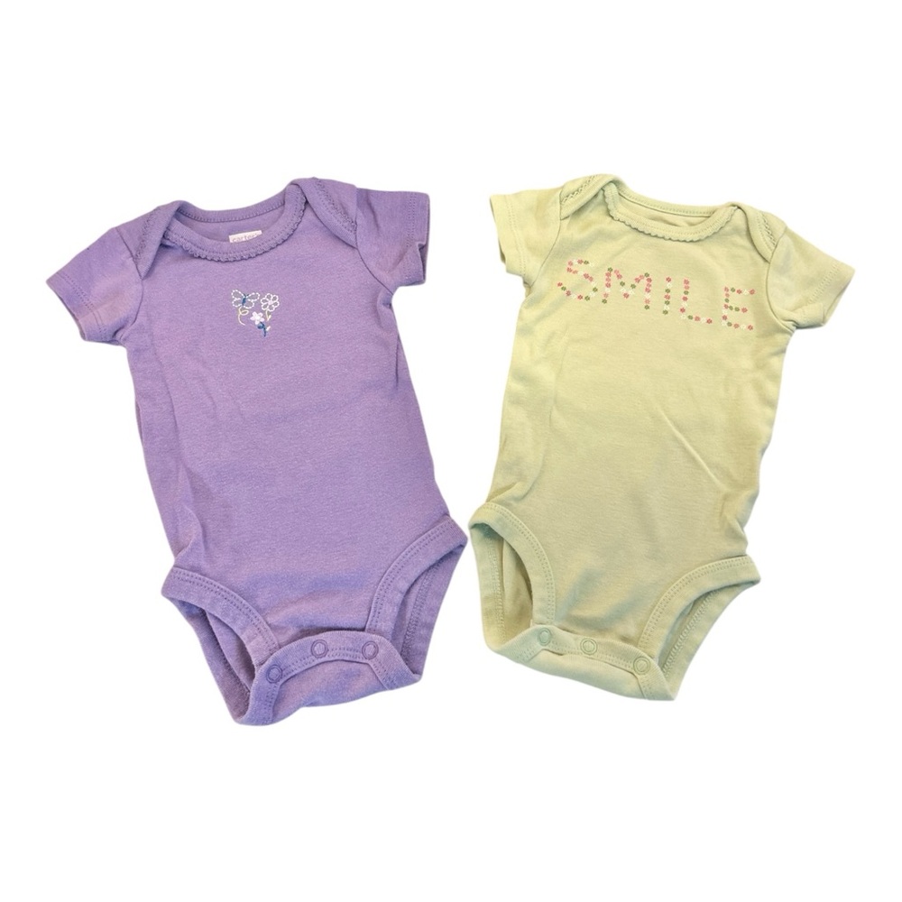 2 Carter’s Baby girl Newborn Onesies Purple Flowers and Green Smile